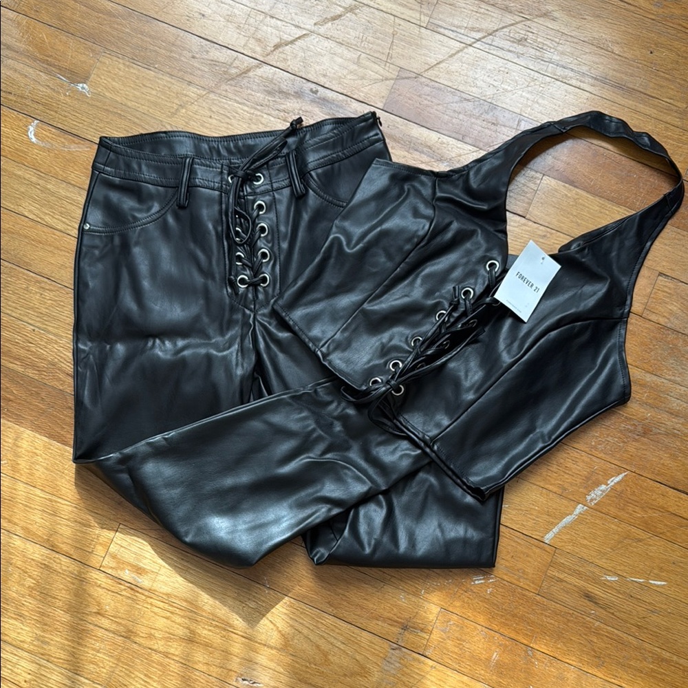 Forever 21 Black Faux Leather Lace-Up Set